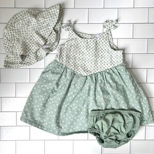 9M🪻Baby Girl Cotton Poplin Dress Bloomer Sun Hat 3pc Set Green Cream Floral